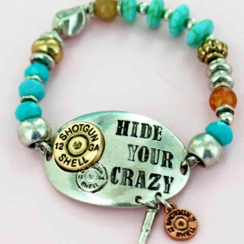 Hide Your Crazy Shotgun Shell Charm Turquoise Beaded Stretch Bracelet
